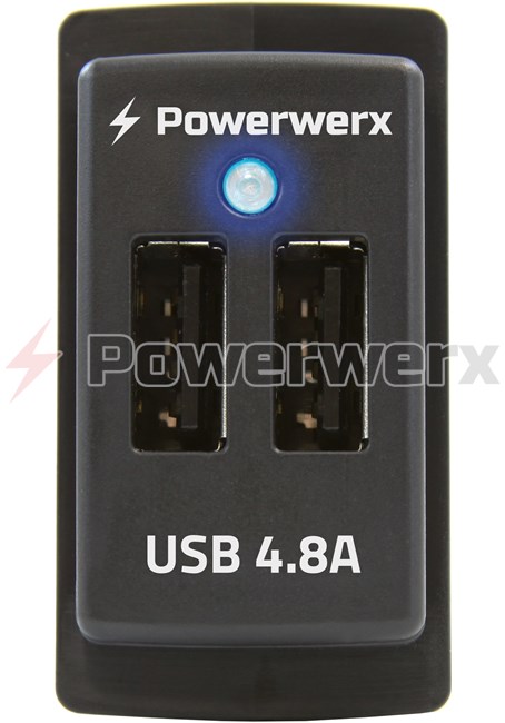 Picture of Powerwerx Switch Mounted Dual USB 4.8A Device Charger with Blue LED Voltage Display