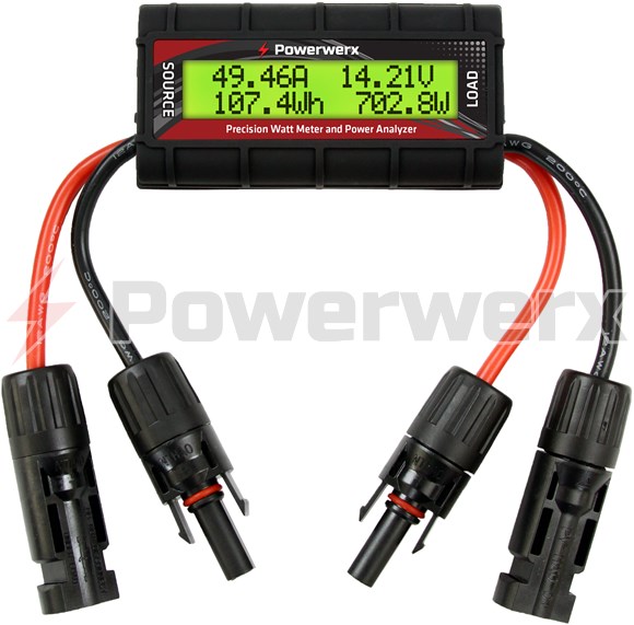 Picture of Powerwerx Watt Meter, DC Inline Power Analyzer, 45A Continuous, 12 Gauge, MC4 Solar Connectors